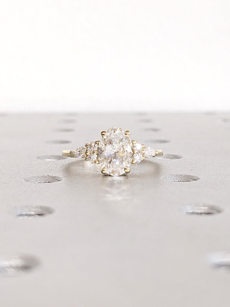 Oval Moissanite Engagement Ring, 14k Yellow Gold Ring, Round, Marquise Cut Diamond Cluster Ring, Art Deco Moissanite Ring, Anniversary Ring