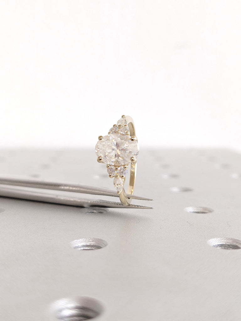 Oval Moissanite Engagement Ring, 14k Yellow Gold Ring, Round, Marquise Cut Diamond Cluster Ring, Art Deco Moissanite Ring, Anniversary Ring