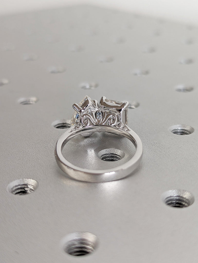 18K Solid White Gold Toi Et Moi Engagement Ring, Double Pear and Emerald Cut Moissanite Stones, Elegant White Diamond Wedding Band