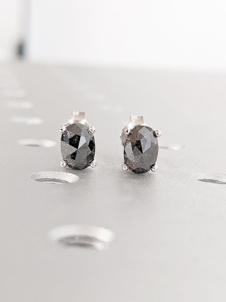 Oval Salt and Pepper Diamond Earring Set, Dainty 14k White Gold Earrings for Women, Unique Natural Diamond Stud Earring, Jewelry for Women