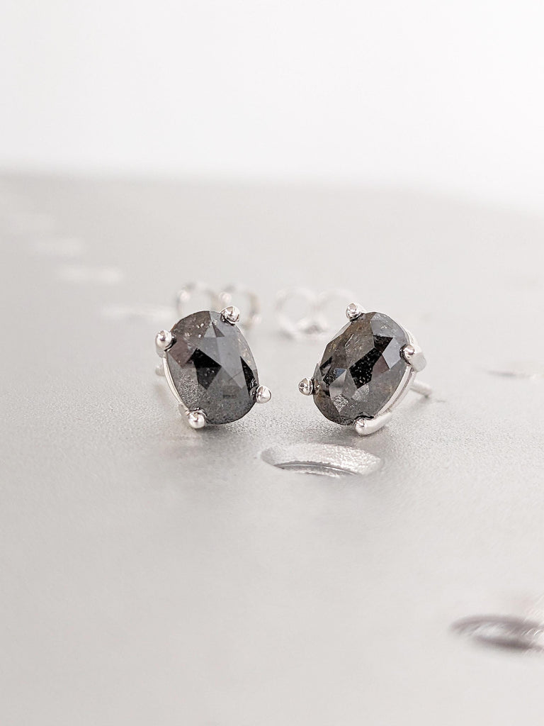 Oval Salt and Pepper Diamond Earring Set, Dainty 14k White Gold Earrings for Women, Unique Natural Diamond Stud Earring, Jewelry for Women