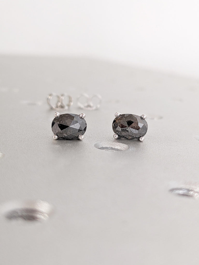 Oval Salt and Pepper Diamond Earring Set, Dainty 14k White Gold Earrings for Women, Unique Natural Diamond Stud Earring, Jewelry for Women