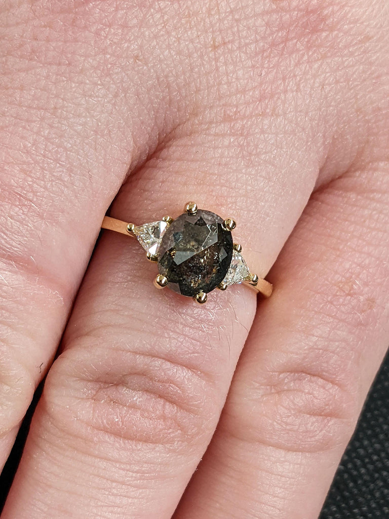 1.75ct Rose cut Black Diamond Wedding Ring | Natural Diamond Engagement Ring | Three Stone Ring Anniversary Gift for Wife | 18k Yellow Gold Rings for Women