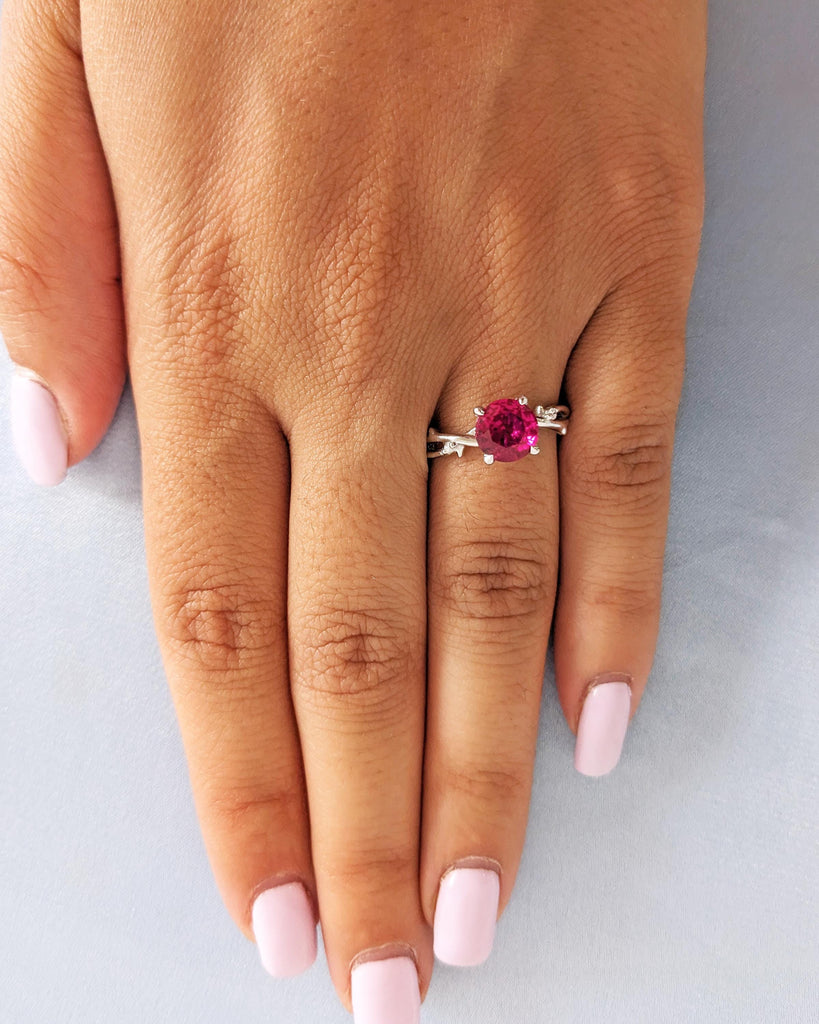 Lab Created Red Ruby Ring, 18K White Gold Ruby Engagement Ring, Red Gemstone Promise Ring, Nature Leaf Twig Solitaire Ring, July Birthstone