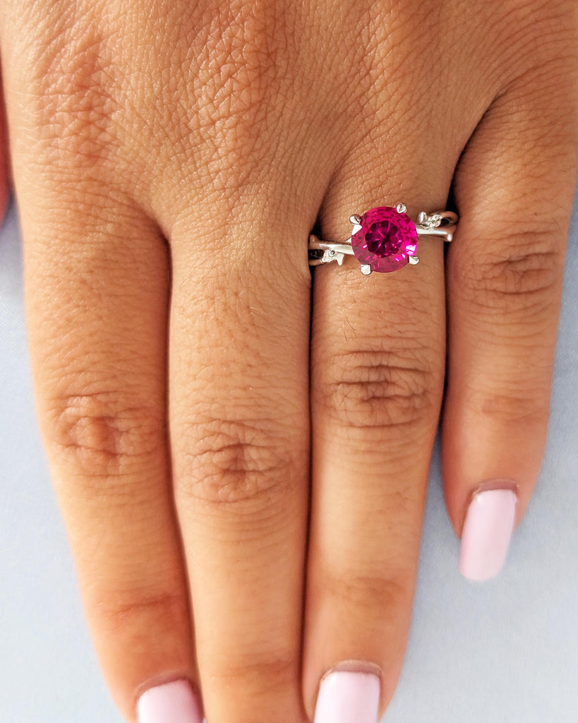 Lab Created Red Ruby Ring, 18K White Gold Ruby Engagement Ring, Red Gemstone Promise Ring, Nature Leaf Twig Solitaire Ring, July Birthstone