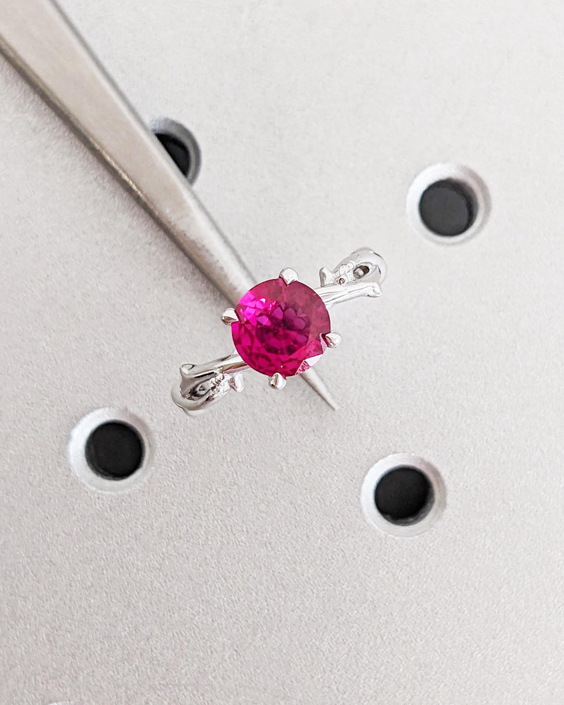 Lab Created Red Ruby Ring, 18K White Gold Ruby Engagement Ring, Red Gemstone Promise Ring, Nature Leaf Twig Solitaire Ring, July Birthstone