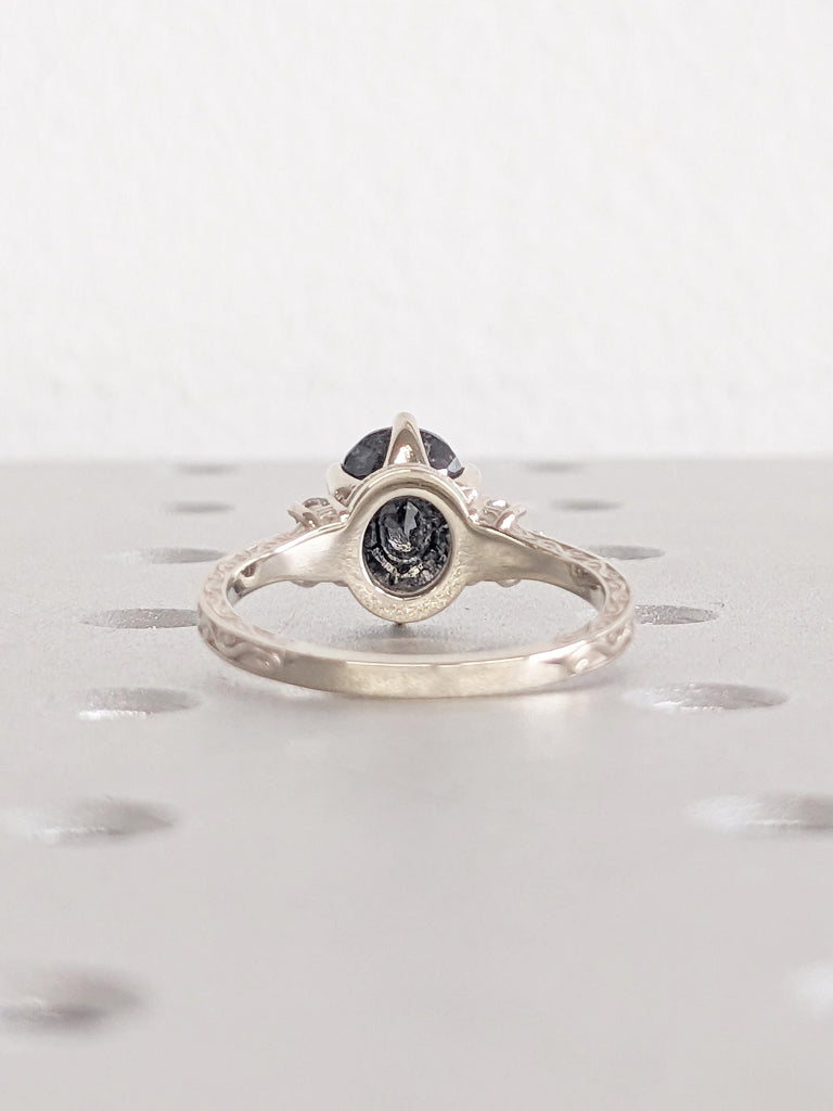 Oval Engagement Ring, Salt and Pepper Diamond Wedding Anniversary Ring, Filigree Ring, 14k Gold Ring, Round, Marquise Diamond Cluster Ring