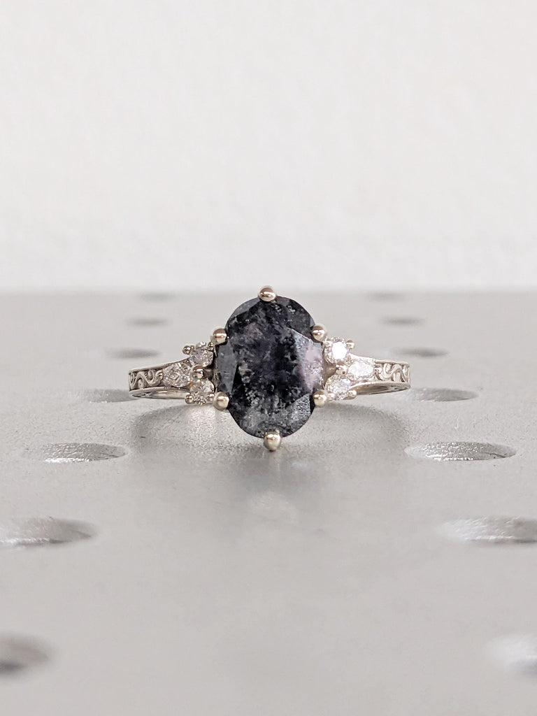Oval Engagement Ring, Salt and Pepper Diamond Wedding Anniversary Ring, Filigree Ring, 14k Gold Ring, Round, Marquise Diamond Cluster Ring