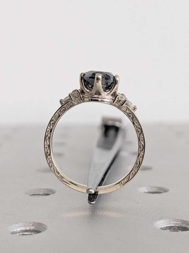 Oval Engagement Ring, Salt and Pepper Diamond Wedding Anniversary Ring, Filigree Ring, 14k Gold Ring, Round, Marquise Diamond Cluster Ring