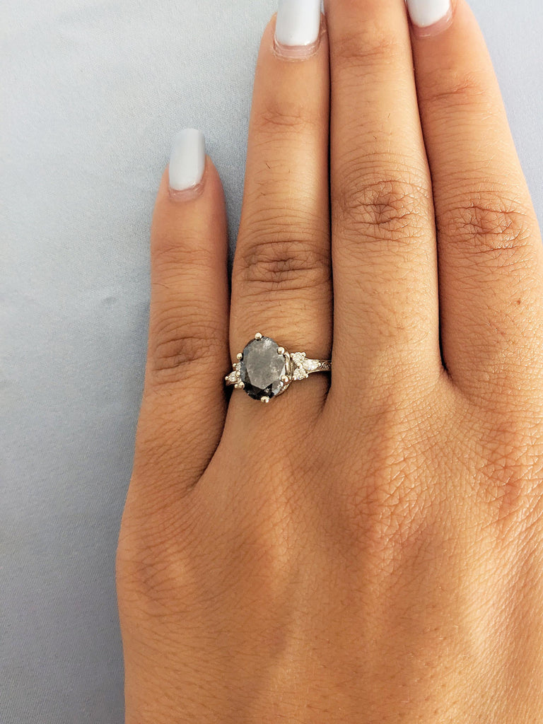 Oval Engagement Ring, Salt and Pepper Diamond Wedding Anniversary Ring, Filigree Ring, 14k Gold Ring, Round, Marquise Diamond Cluster Ring