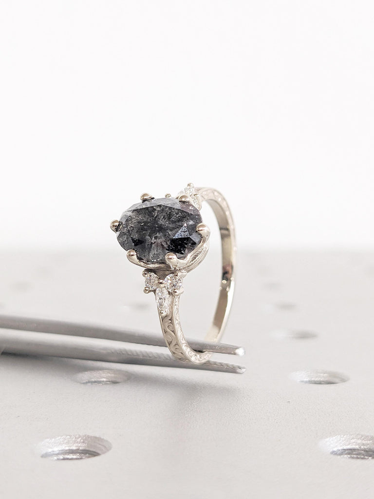 Oval Engagement Ring, Salt and Pepper Diamond Wedding Anniversary Ring, Filigree Ring, 14k Gold Ring, Round, Marquise Diamond Cluster Ring