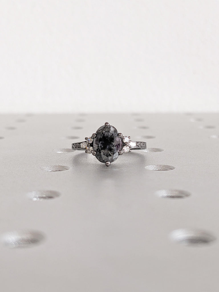 Oval Salt and Pepper Diamond Engagement Ring, Vintage Black Diamond Ring, Art Deco 14k Black Gold Filigree Ring, Personalized Statement Ring