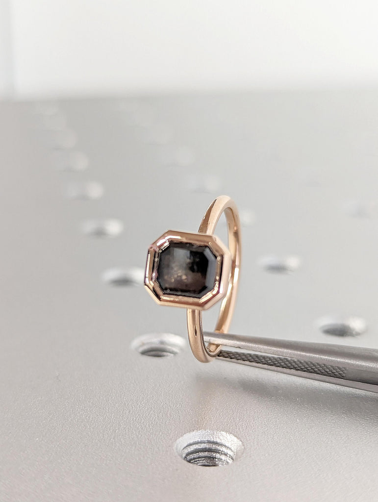 14K Rose Gold Diamond Ring | Emerald Cut Salt and Pepper Diamond Ring | Salt and Pepper Diamond Engagement Ring | Bezel Set Solitaire Ring