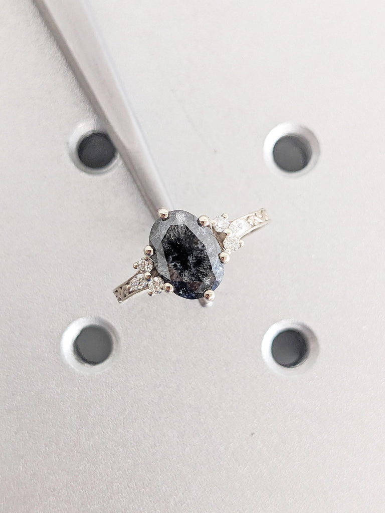 Oval Engagement Ring, Salt and Pepper Diamond Wedding Anniversary Ring