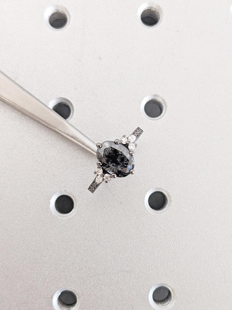 Salt and Pepper Diamond Ring, Oval Engagement Ring