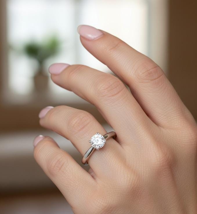 0.5 Carat Round Brilliant Moissanite Engagement Ring For Women, Thin Plain Band 6 Prong Solitaire Moissanite Ring, 14K White, Yellow or Rose