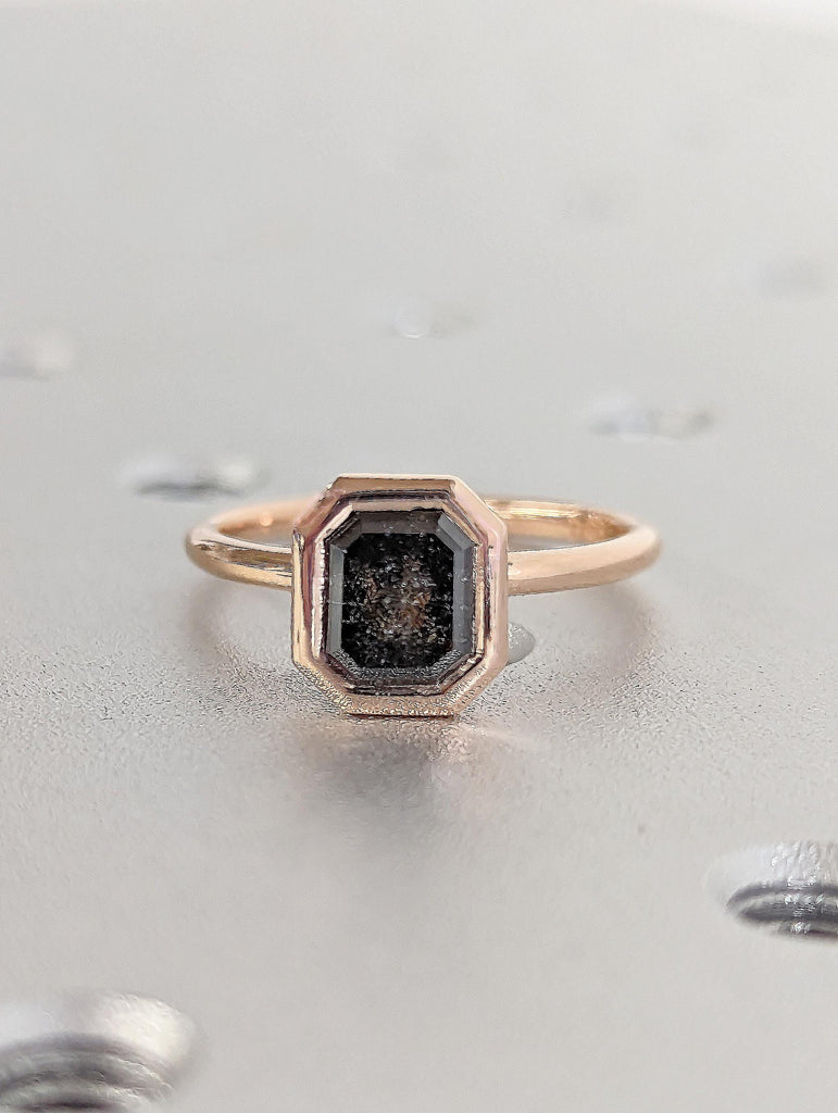 14K Rose Gold Diamond Ring | Emerald Cut Salt and Pepper Diamond Ring | Salt and Pepper Diamond Engagement Ring | Bezel Set Solitaire Ring