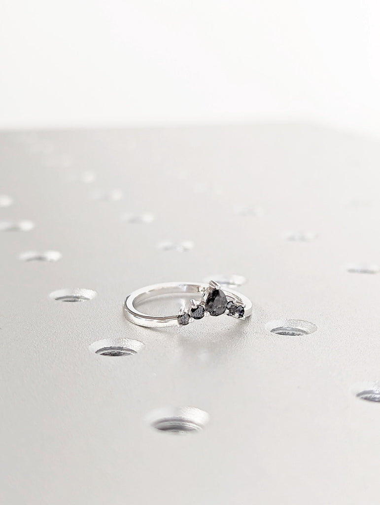 Salt and Pepper Diamond Wedding Band: Pear and Round Prong Set Dainty Art Deco Half Eternity Ring