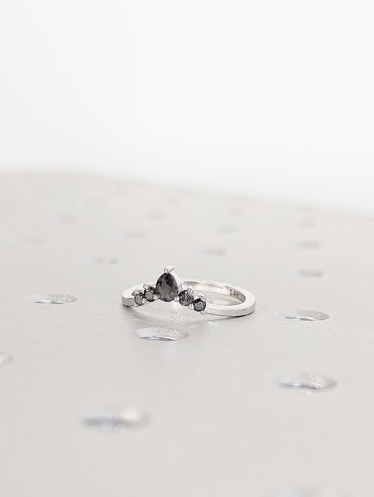 Salt and Pepper Diamond Wedding Band: Pear and Round Prong Set Dainty Art Deco Half Eternity Ring