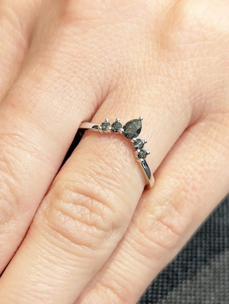 Salt and Pepper Diamond Wedding Band: Pear and Round Prong Set Dainty Art Deco Half Eternity Ring