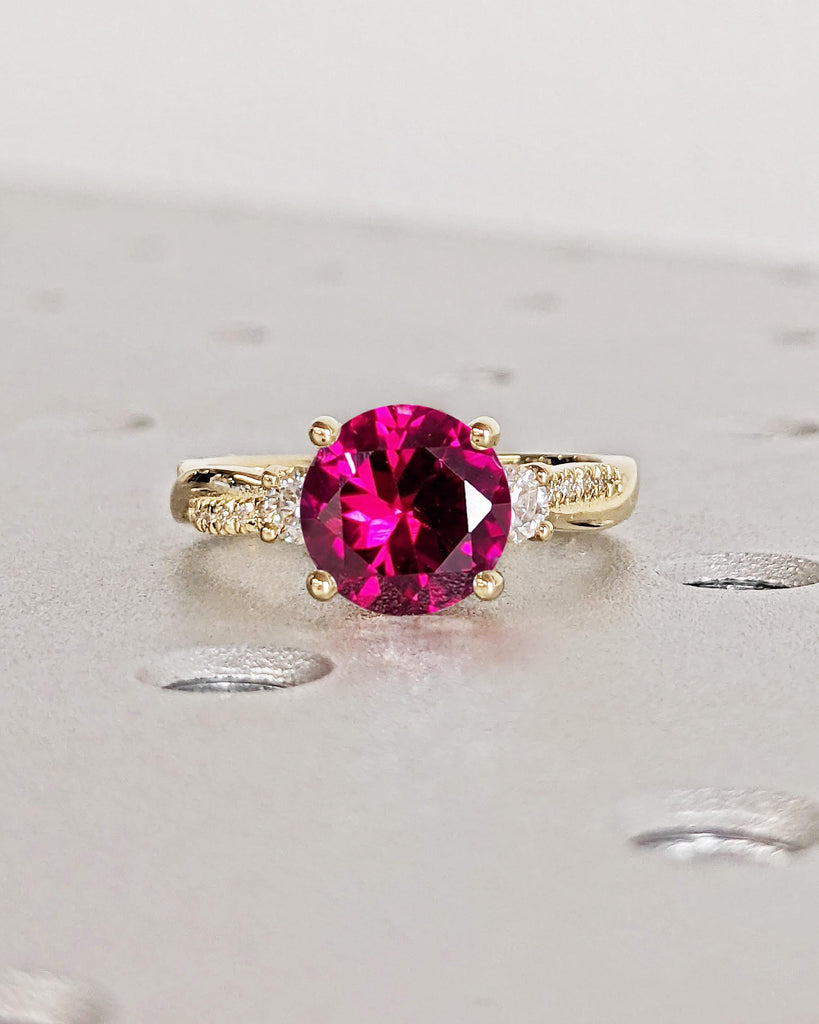 Round Three Stone Engagement Ring, Red Ruby & Diamond Ring, Lab Ruby Ring, Twisted Band Bridal Ring, 14K Gold July Birthstone Ring for Women