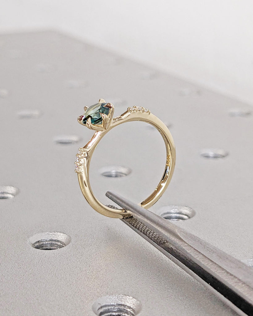 Montana Sapphire Dainty Wedding Ring: Round Blue Green Sapphire, Moissanite or Diamond Accents, Tapered Band, 14k Solid Gold, Promise Ring