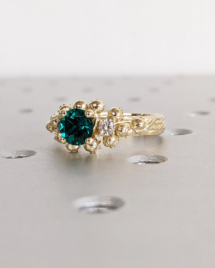 Art Nouveau Lab Emerald Engagement Ring, 14K Solid Yellow Gold Round Cut Lab Emerald Ring, Lily of the Valley White Diamond Wedding Band