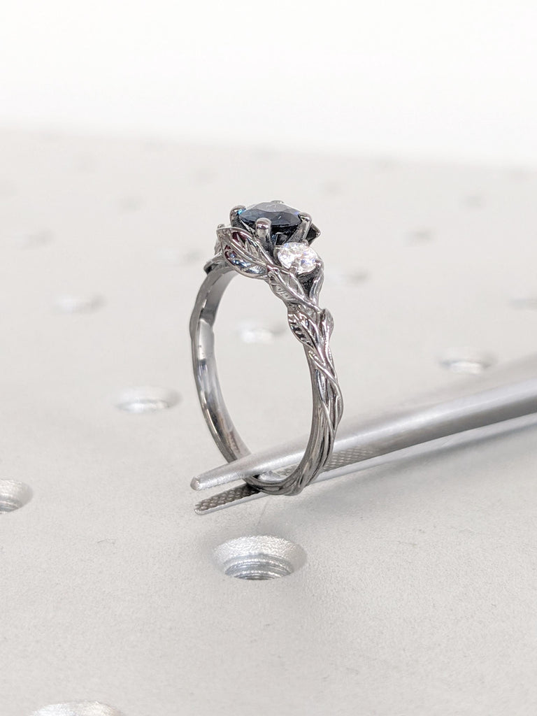 Natural Montana Sapphire Engagement Ring, 14k Black Gold Promise Ring, Nature Inspired Ring, Blue Green Sapphire Ring, Art Deco Floral Ring