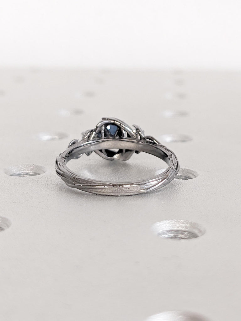 Three Stone Nature Inspired Ring, 14k Black Gold Engagement Ring, Round Peacock Sapphire Ring