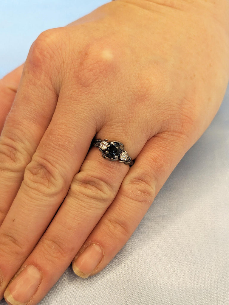 Natural Montana Sapphire Engagement Ring, 14k Black Gold Promise Ring, Nature Inspired Ring, Blue Green Sapphire Ring, Art Deco Floral Ring