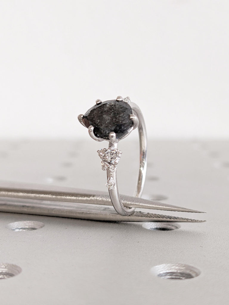 Art Deco Salt and Pepper Diamond Ring, Pear Engagement Ring, Vintage Snowdrift Diamond Ring, 14k White Gold Ring, Unique Gold Wedding Ring