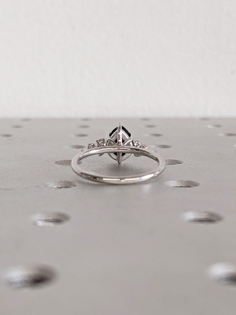 Pear Cut Salt and Pepper Diamond Engagement Ring, 14k White Gold Diamond Cluster Ring