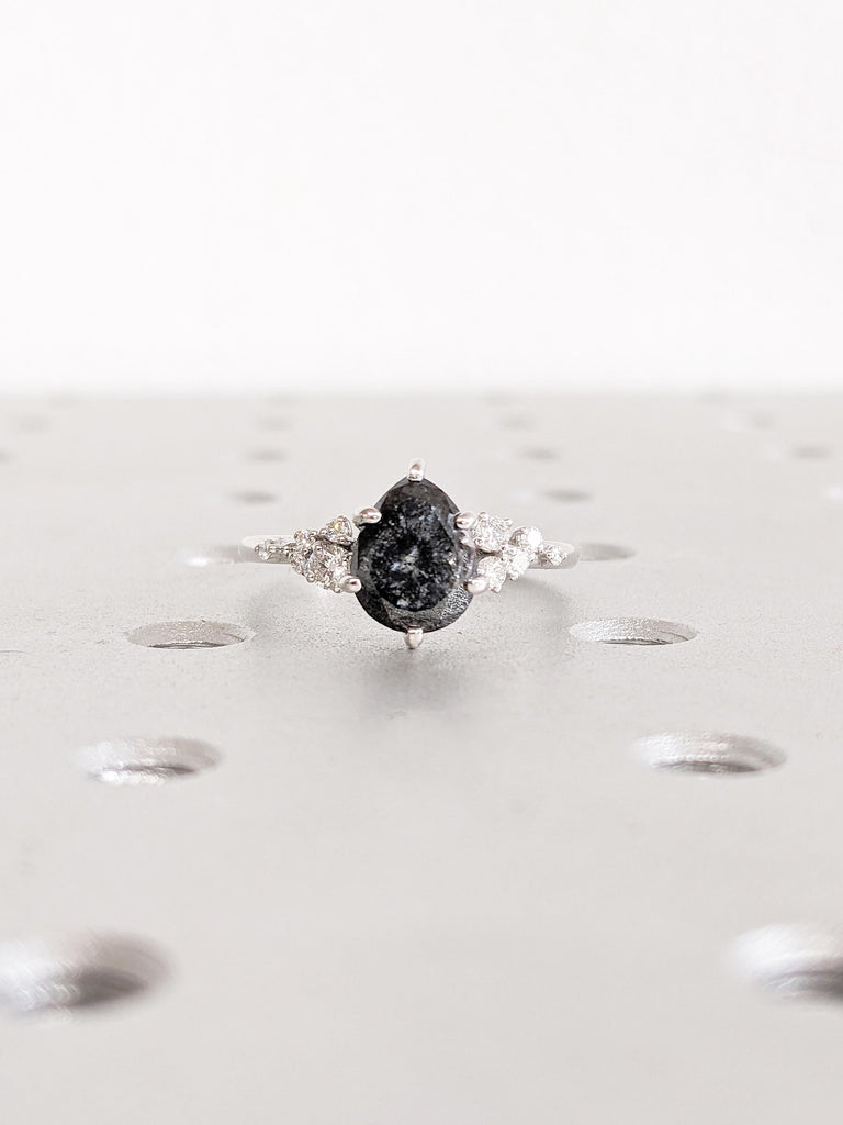 Art Deco Salt and Pepper Diamond Ring, Pear Engagement Ring, Vintage Snowdrift Diamond Ring, 14k White Gold Ring, Unique Gold Wedding Ring