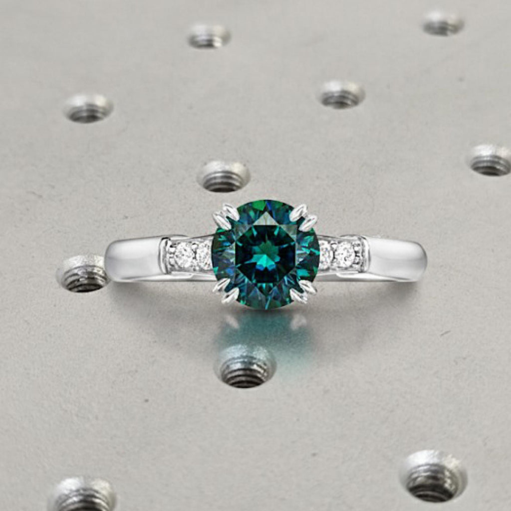 0.5ct Natural Teal Sapphire Ring | 14k White Gold Engagement Ring | Cathedral Setting Round Sapphire Wedding Anniversary Ring, Gift for Wife
