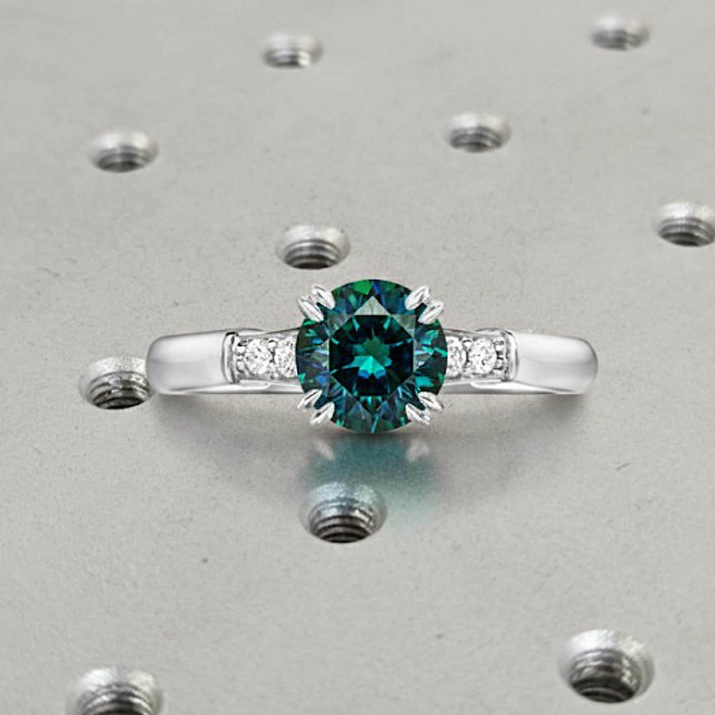 0.5ct Natural Teal Sapphire Ring | 14k White Gold Engagement Ring | Cathedral Setting Round Sapphire Wedding Anniversary Ring, Gift for Wife