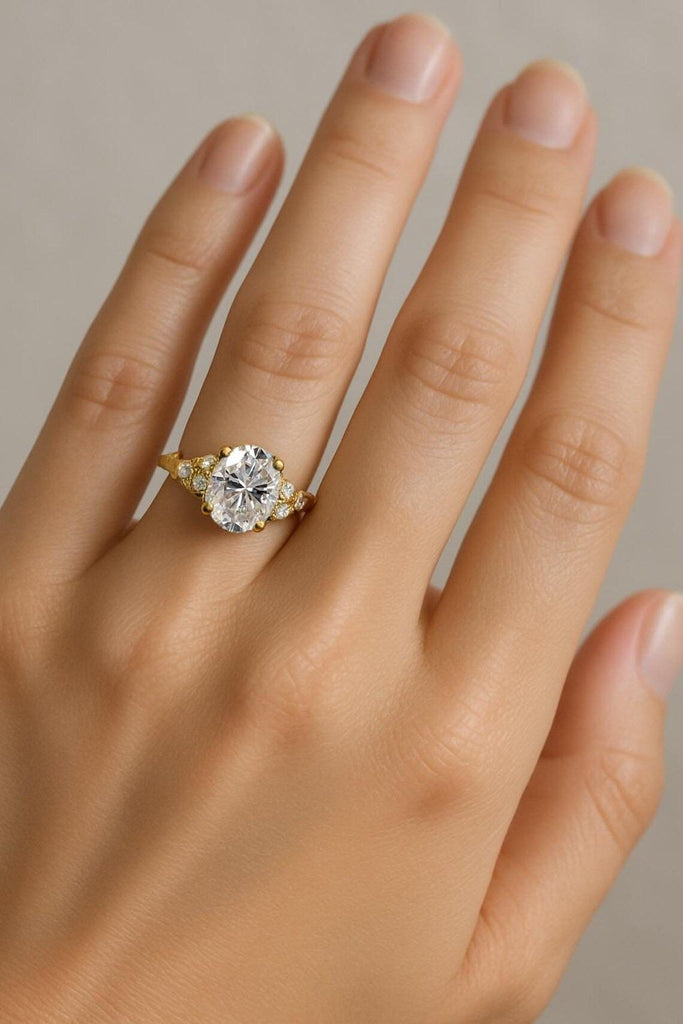 14k 18k Yellow Gold Rings for Women | IGI Certified Oval Cut Lab Grown Diamond Engagement Ring | Round Side Diamonds Cluster Promise Ring