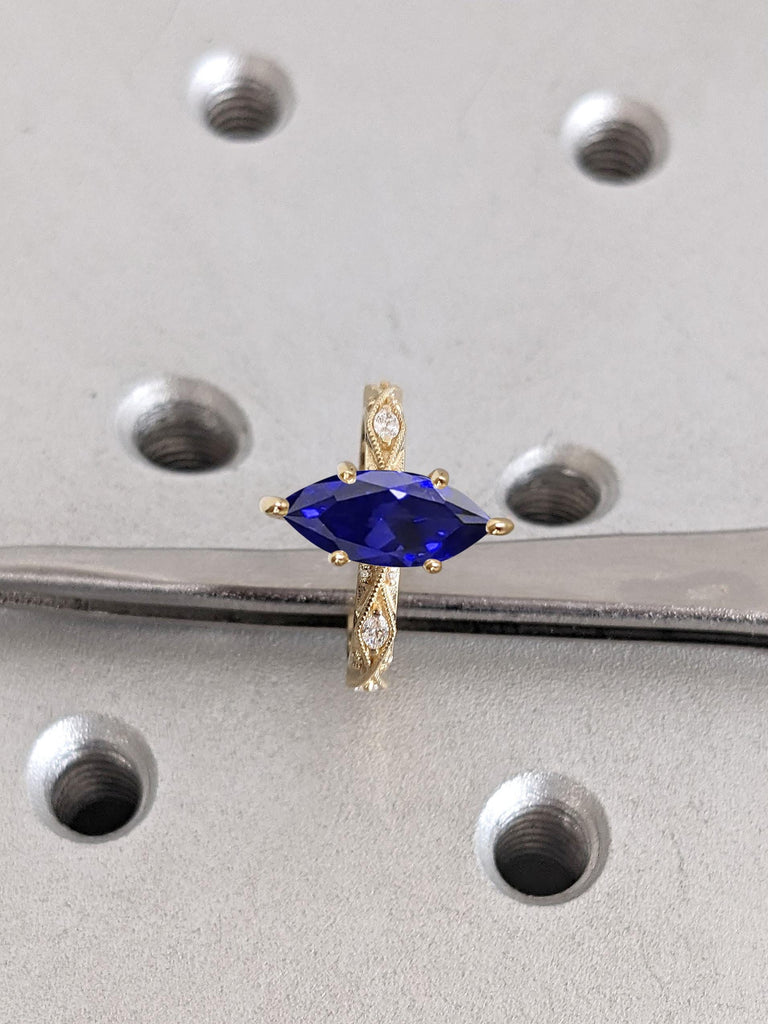 Blue Gemstone Ring, September Birthstone Marquise Cut Sapphire Center Engagement Ring, Vintage Anniversary Ring, Prong Set Ring, Birthstone Ring, Gift For Women
