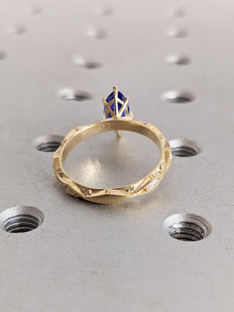 Vintage Sapphire Engagement Ring | 18k Yellow Gold Engagement Ring | Unique Marquise cut Ring | Paved Diamond Band | Anniversary Ring Gift image #6