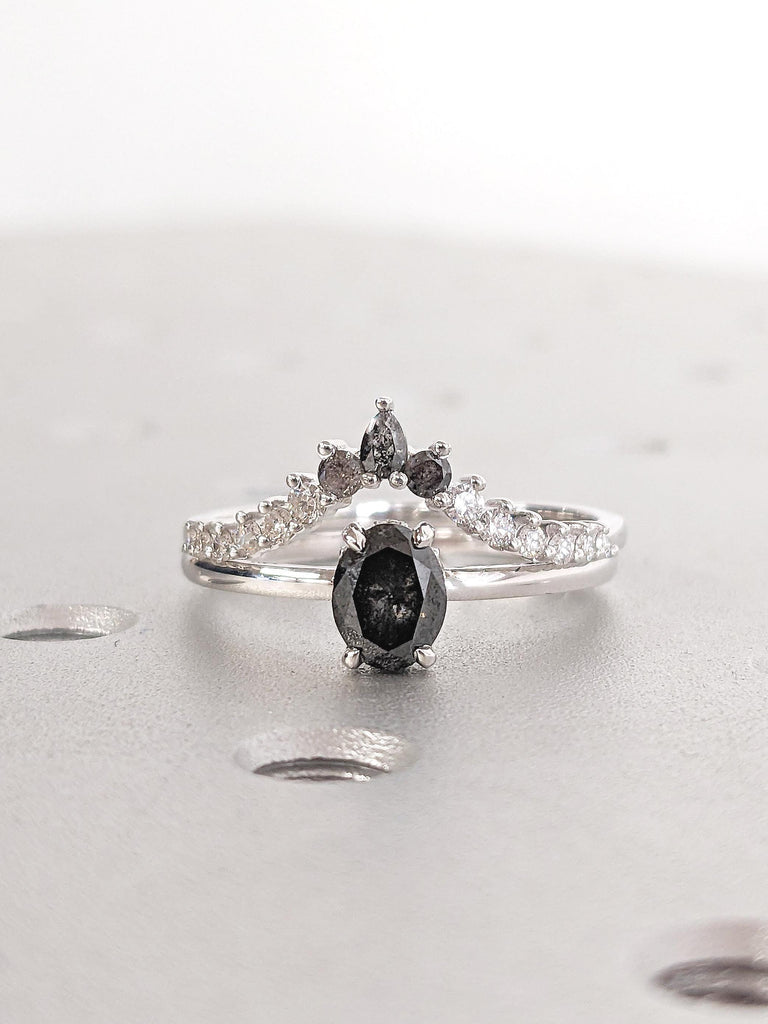 Vintage Salt and Pepper Diamond Ring, 18k/14k Gold Ring Set