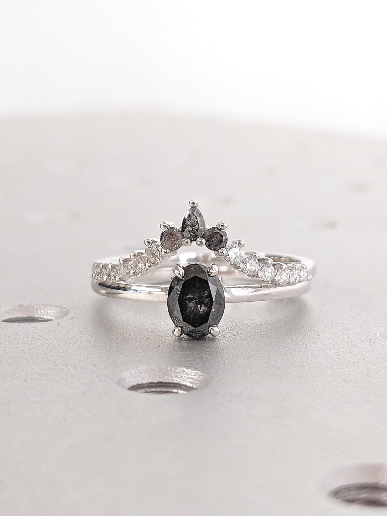 Vintage Salt and Pepper Diamond Ring, 18k/14k Gold Ring Set