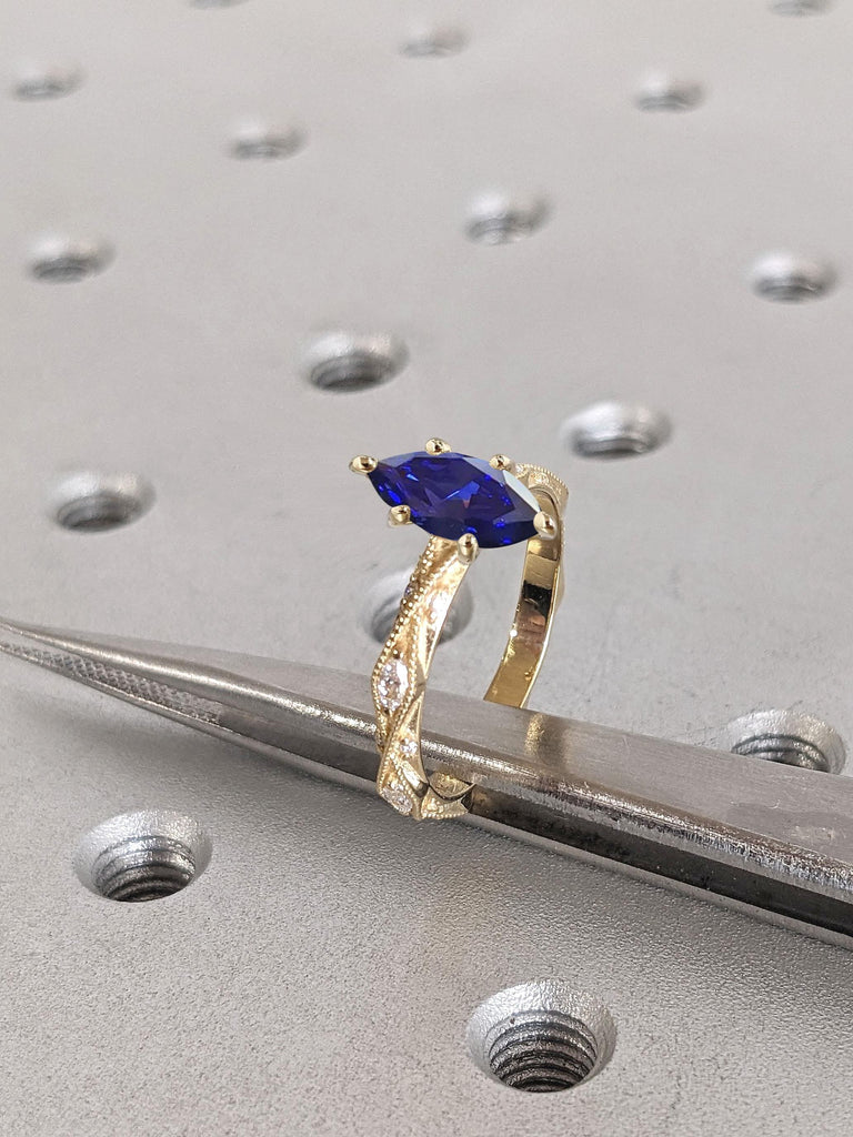 Vintage Sapphire Engagement Ring | 18k Yellow Gold Engagement Ring | Unique Marquise cut Ring | Paved Diamond Band | Anniversary Ring Gift