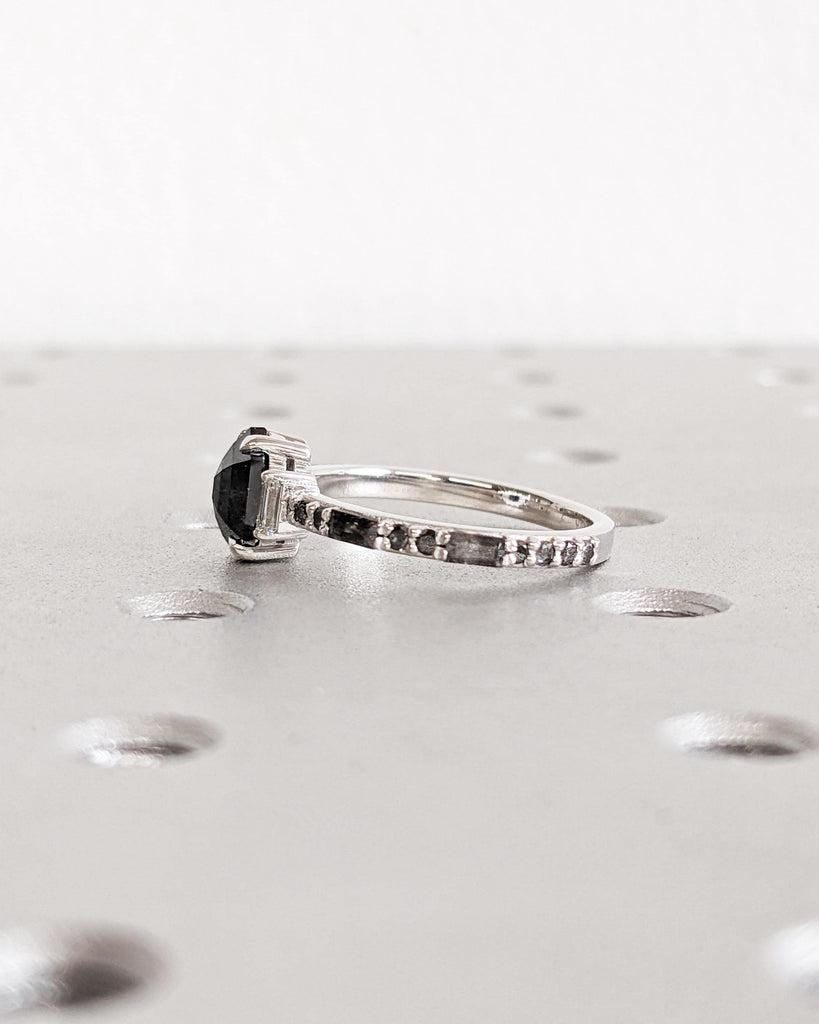 Galaxy Salt and Pepper Diamond Ring | Hexagon Cut Diamond Engagement Ring | Vintage Art Deco Baguette Diamond Ring | White Gold Promise Ring