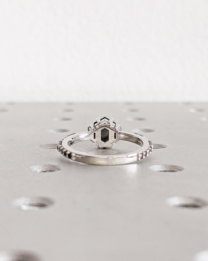 Hexagon Cut Diamond Engagement Ring: Vintage Style, Geometric Salt and Pepper Diamond Promise Ring, Baguette Diamond Accents, 18K White Gold