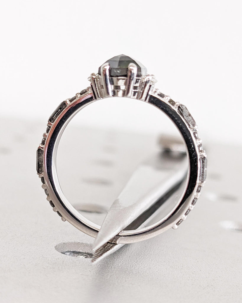 Galaxy Salt and Pepper Diamond Ring | Hexagon Cut Diamond Engagement Ring | Vintage Art Deco Baguette Diamond Ring | White Gold Promise Ring