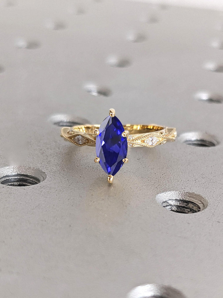 0.5ct Sapphire Marquise cut Engagement Ring | 18k Yellow Gold Rings for Women | Blue Gemstone Engagement Ring