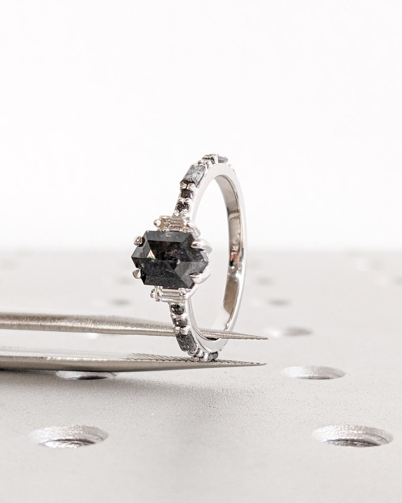 Galaxy Salt and Pepper Diamond Ring | Hexagon Cut Diamond Engagement Ring | Vintage Art Deco Baguette Diamond Ring | White Gold Promise Ring