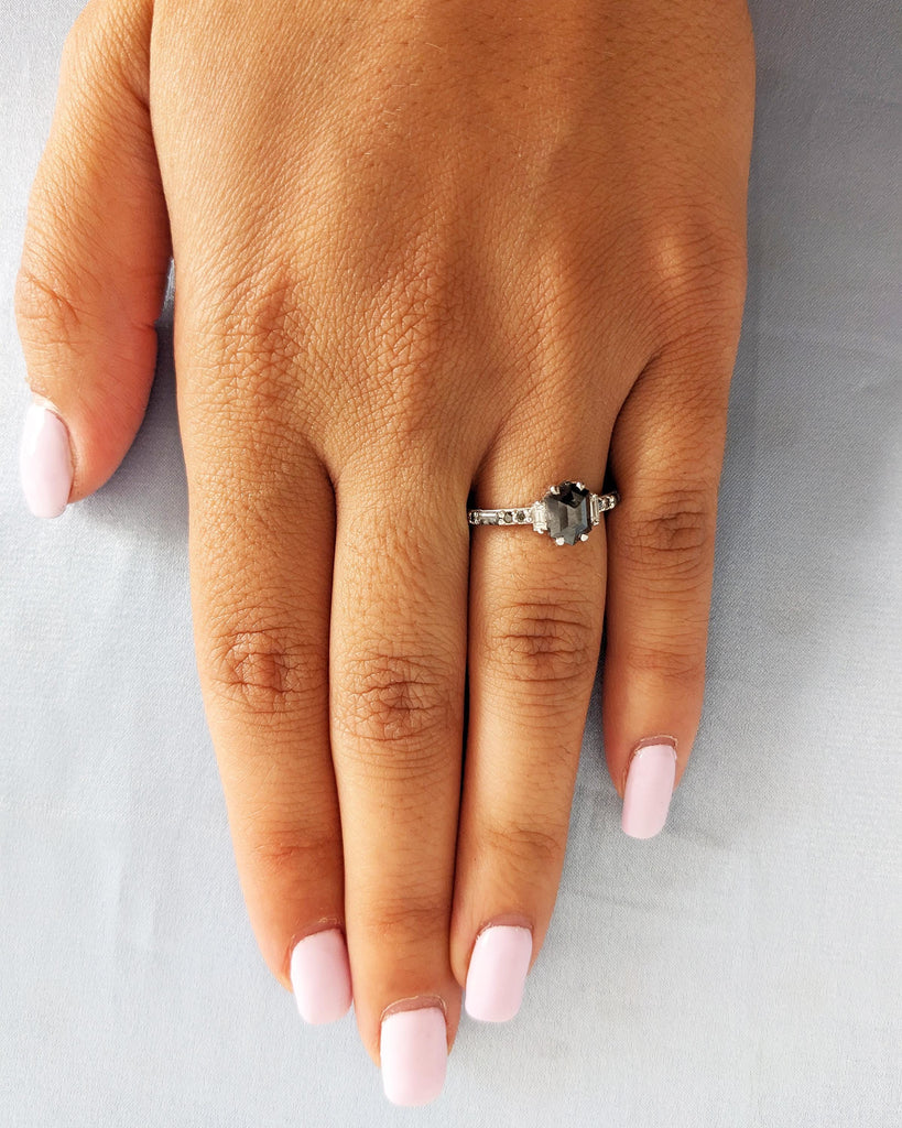 Galaxy Salt and Pepper Diamond Ring | Hexagon Cut Diamond Engagement Ring | Vintage Art Deco Baguette Diamond Ring | White Gold Promise Ring