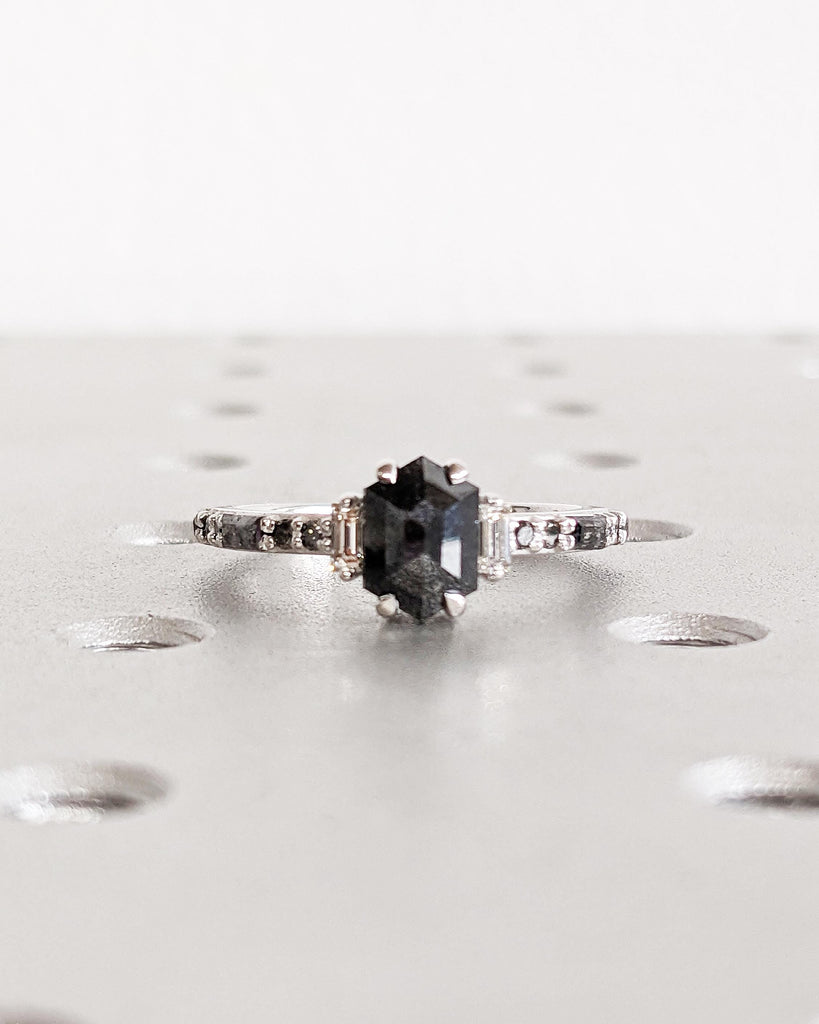 Galaxy Salt and Pepper Diamond Ring | Hexagon Cut Diamond Engagement Ring | Vintage Art Deco Baguette Diamond Ring | White Gold Promise Ring