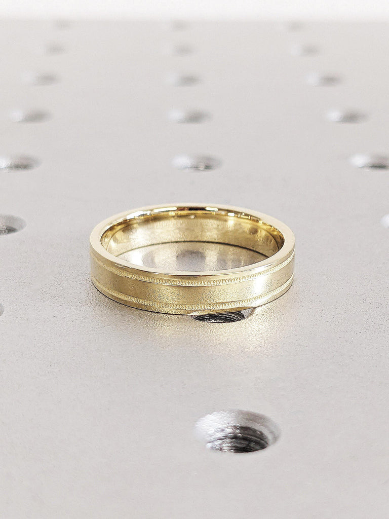 Plain Milgrain Gold Wedding Band, Minimalist 14K Solid Yellow Gold Ring Milgrain Edge, Classic Men's Engagement Ring, Polished Finish Band