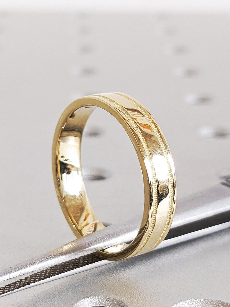 Plain Milgrain Gold Wedding Band, Minimalist 14K Solid Yellow Gold Ring Milgrain Edge, Classic Men's Engagement Ring, Polished Finish Band